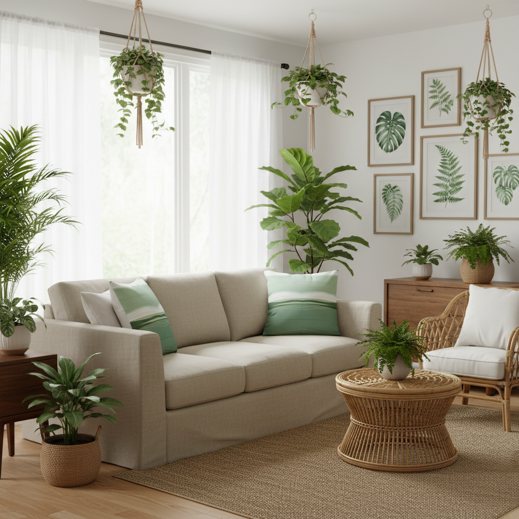 Botanical style living room with green abstract pillow