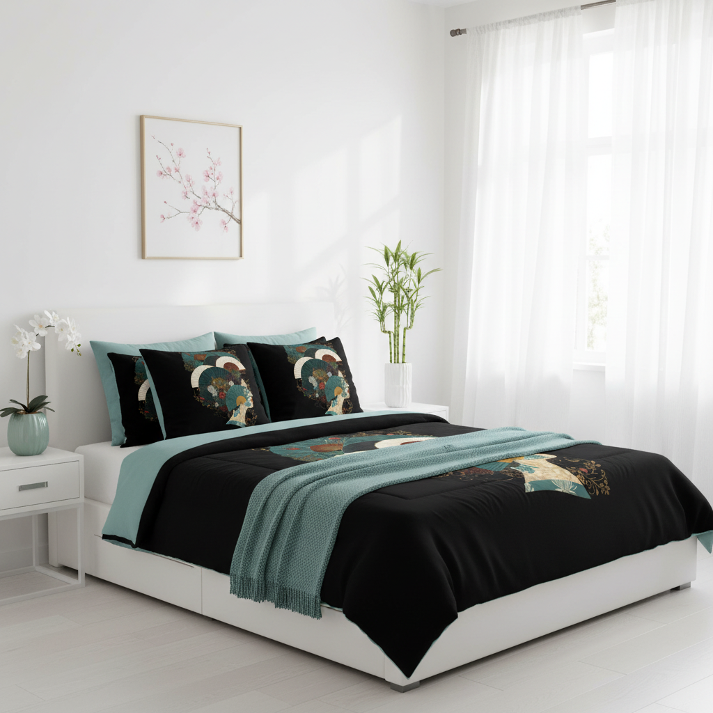Bright airy bedroom with Oriental Opulence bedding