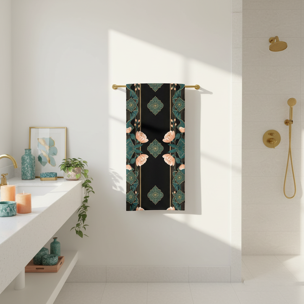 Bright bathroom with black peach teal gold floral beach towel on gold rack