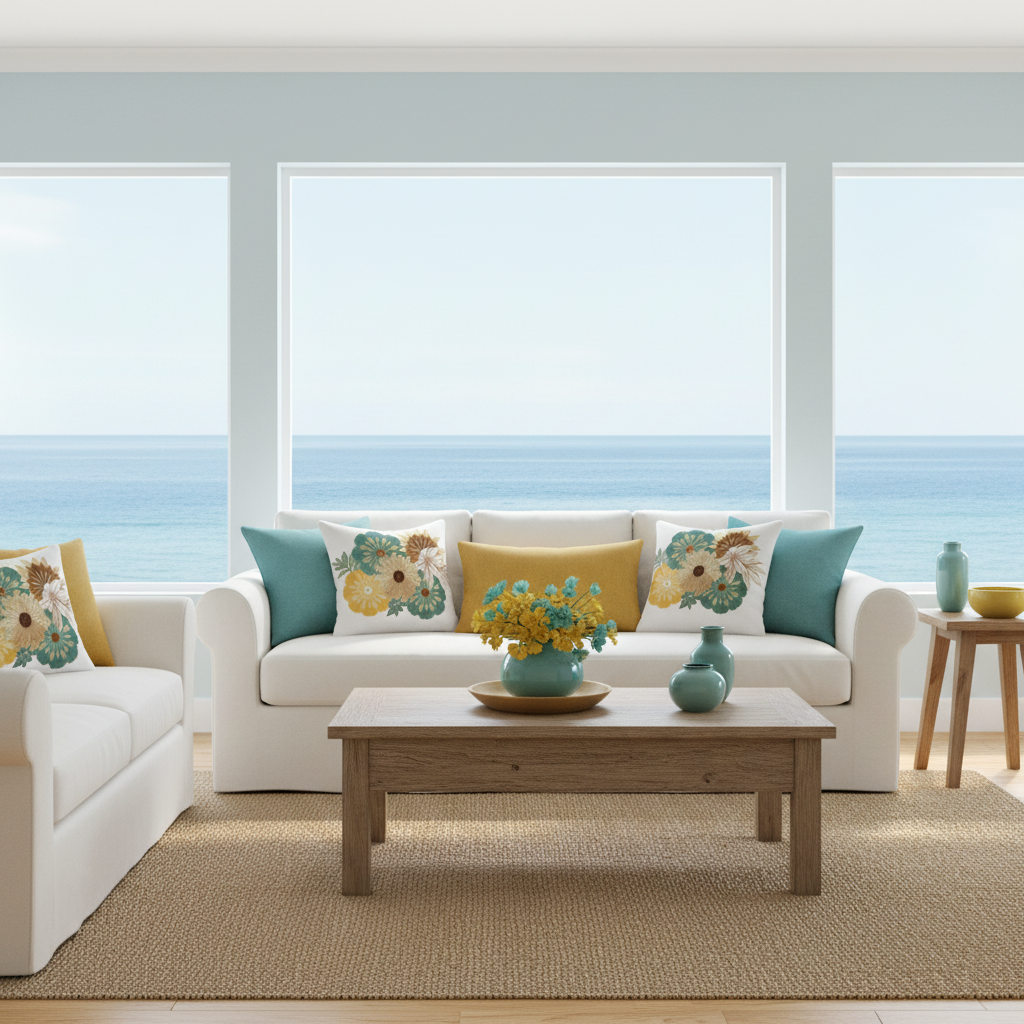 Bright coastal living room with floral accent pillows
