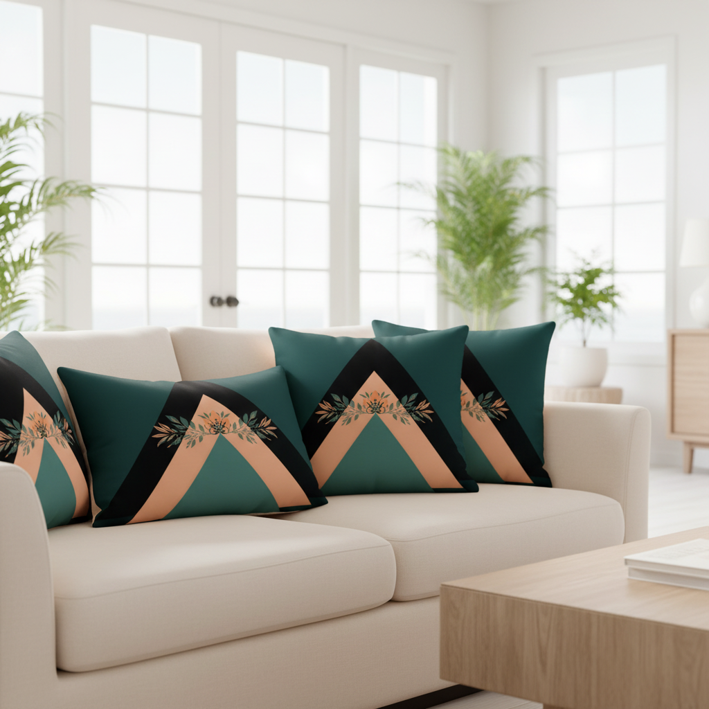 Bright coastal living room with geometric botanical pillows close-up detail