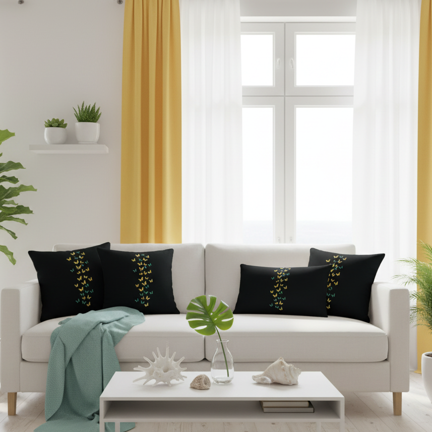 Bright coastal living room with white sofa, butterfly print pillows, yellow curtains and teal throw