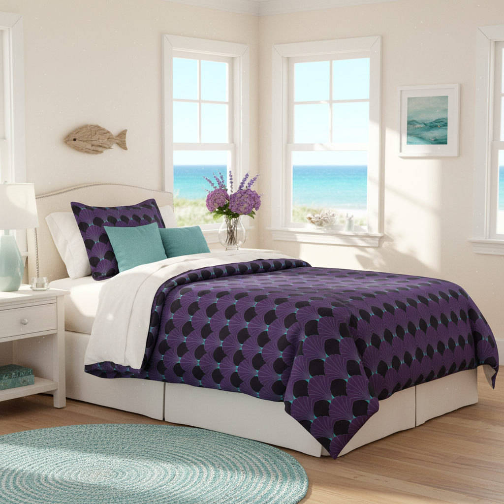 Bright coastal twin bedroom with art deco duvet