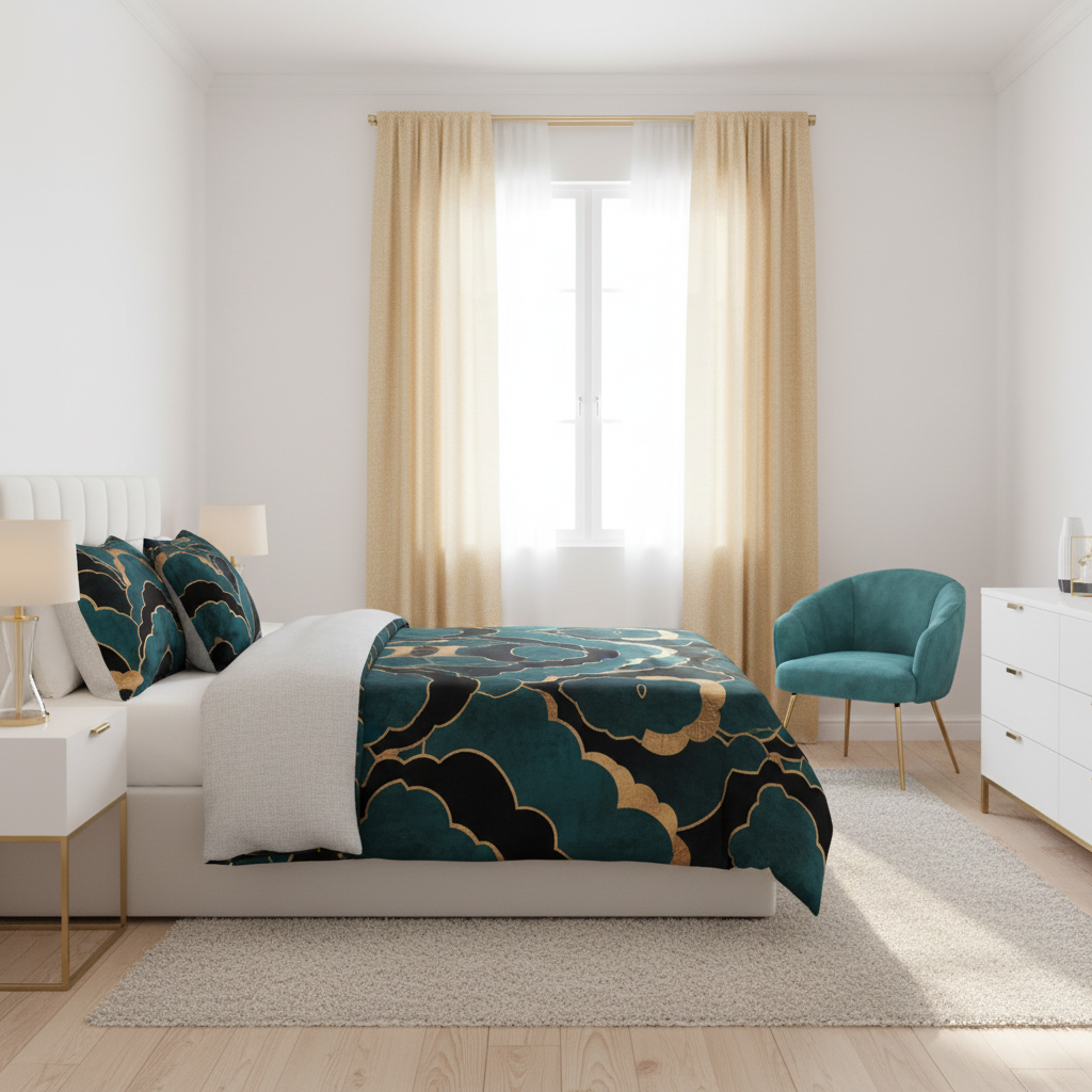 Bright cozy bedroom with Art Deco teal black and gold bedding, gold curtains and white walls