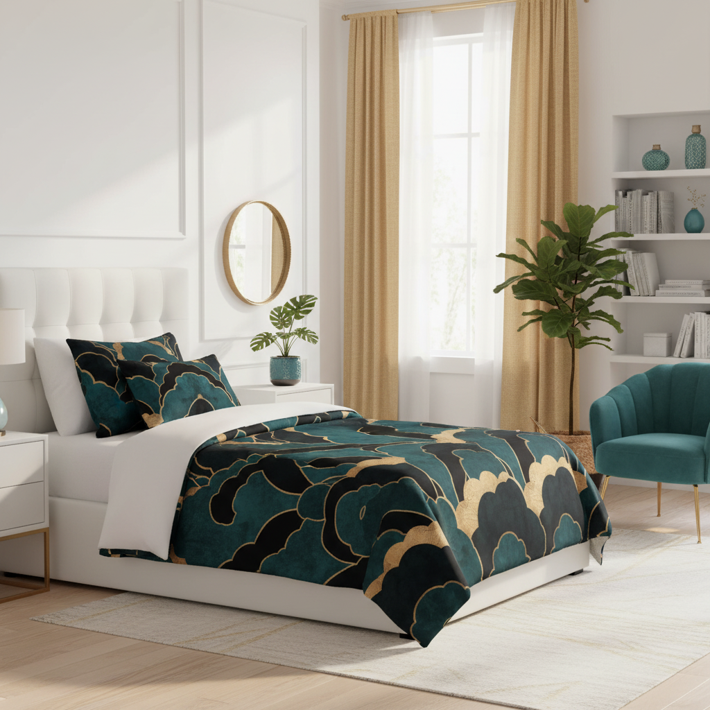 Bright cozy bedroom with twin bed, Art Deco teal black and gold bedding and gold curtains