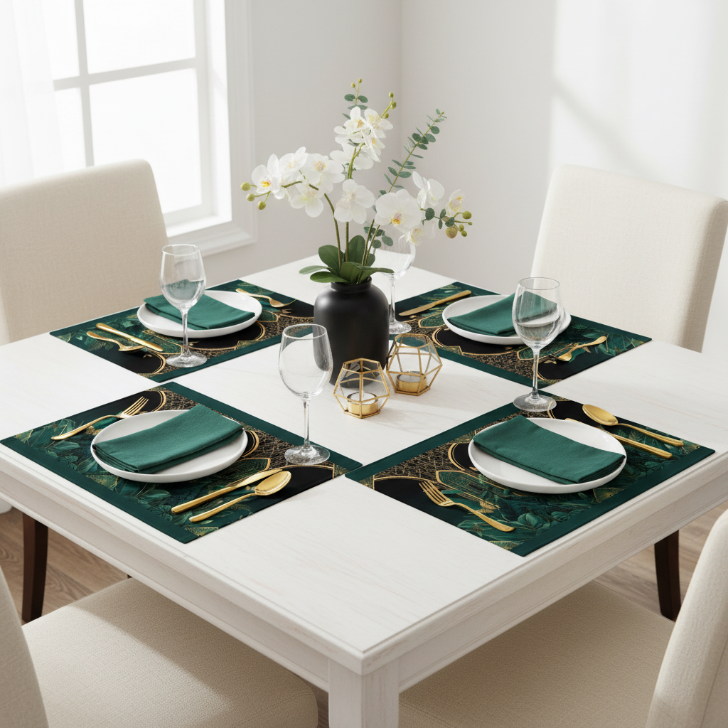 Bright dining table with Emerald Plants placemat set
