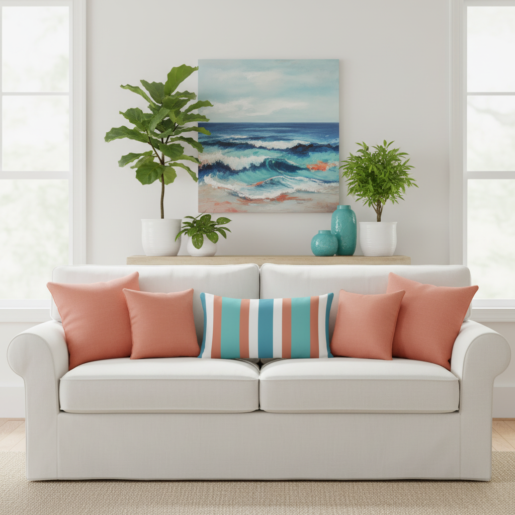 Bright Italian coastal living room with striped pillow and large coastal painting