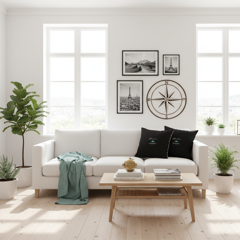 Bright Scandinavian living room with white sofa and square Adventure Freedom Travel pillows