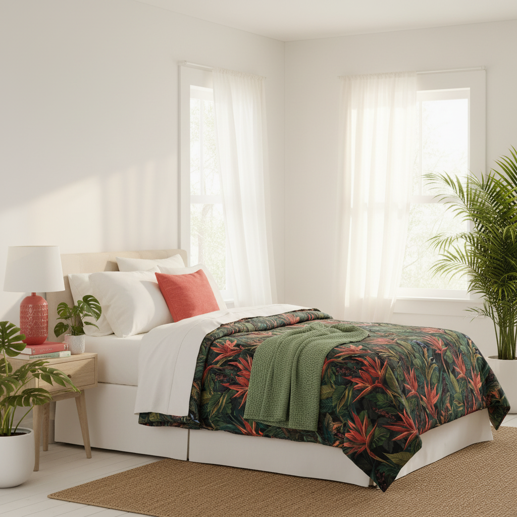 Bright sunny coastal bedroom with tropical comforter, twin bed, white walls and curtains, coral red accents, green tropical plants, warm sunlight, color-coordinated