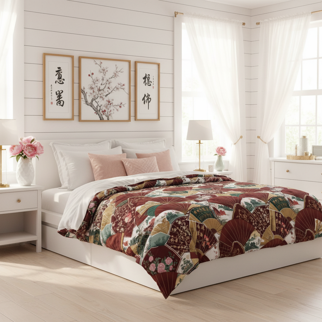 Bright white Asian-inspired bedroom