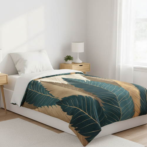 Bright white bedroom with botanical duvet cover on twin XL bed in natural sunlight