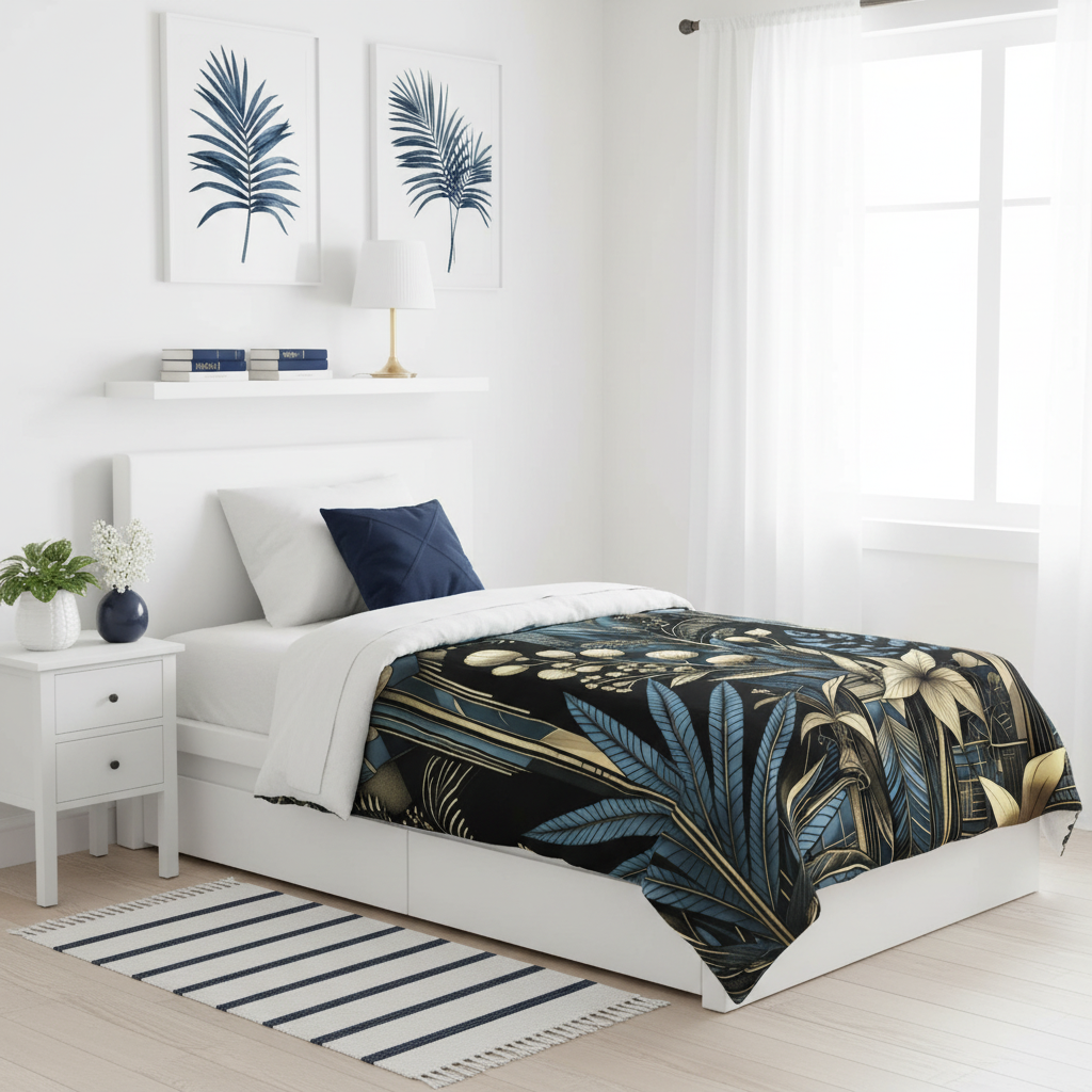 Bright white bedroom with twin bed and midnight blue artwork and accents