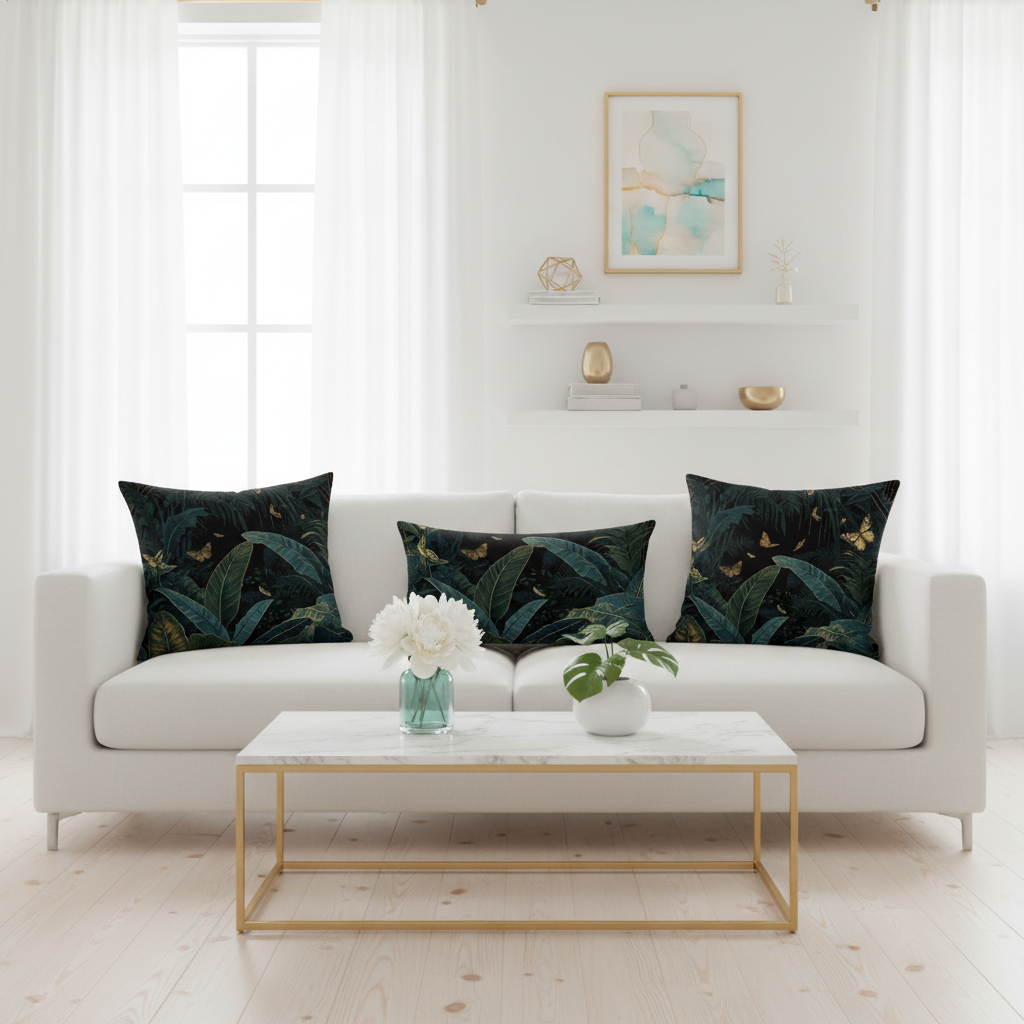 Bright white living room with botanical throw pillows