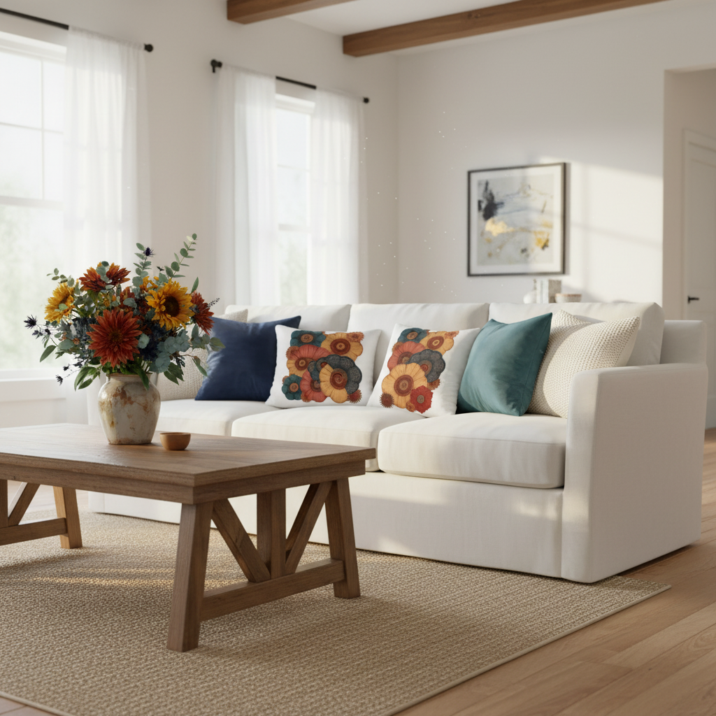 Bright white living room with decorative pillows
