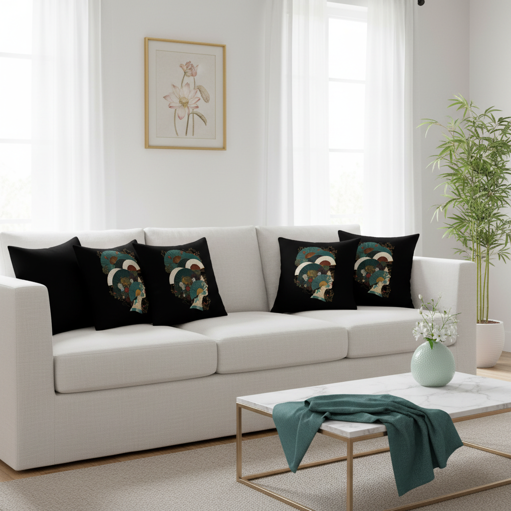 Bright white living room with Oriental pillows