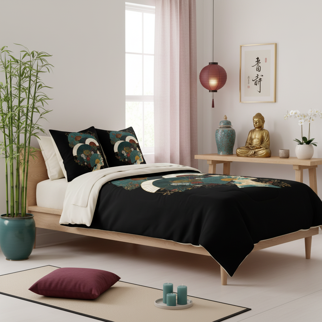 Bright white zen bedroom with seated Buddha and Oriental twin bedding