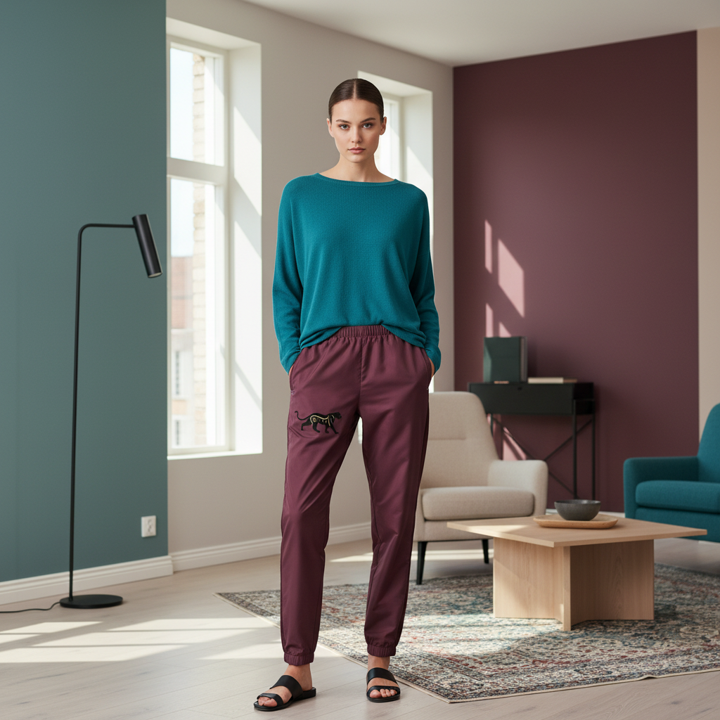 Burgundy track pants with jaguar motif paired with teal top in contemporary minimalist setting