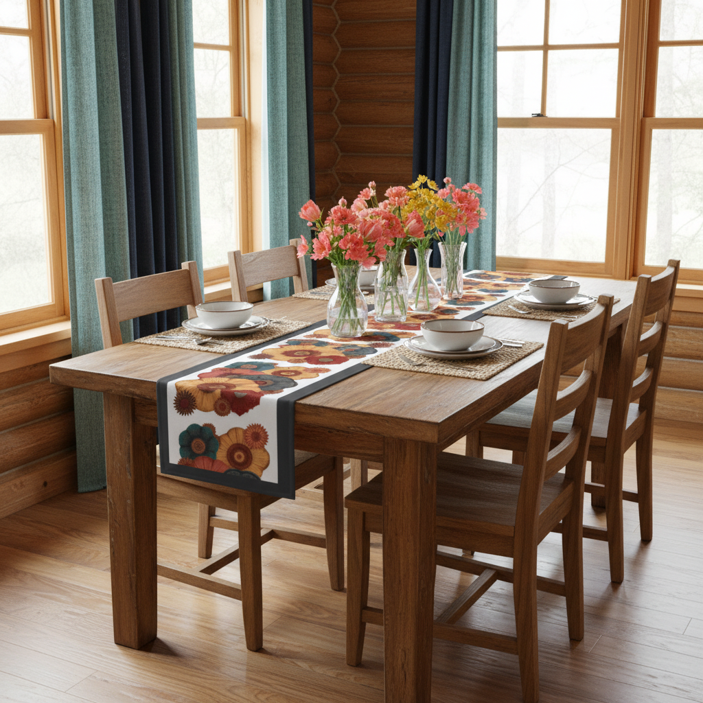 Cabin with coral pink gold teal flowers and navy curtains