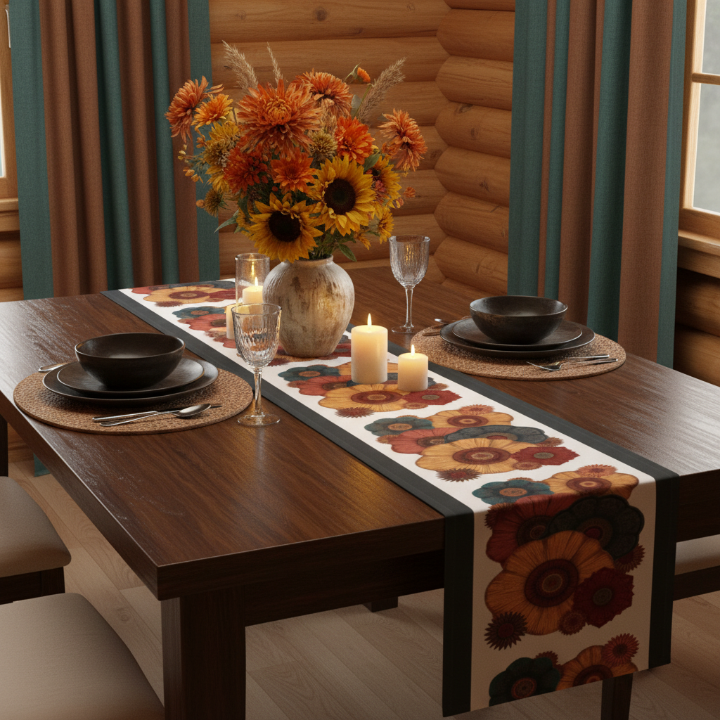 Cabin with rust red orange gold flowers and teal curtains