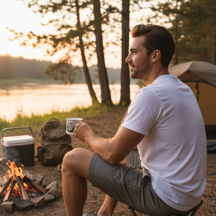 Camping scene man by the river holds an enamel mug 