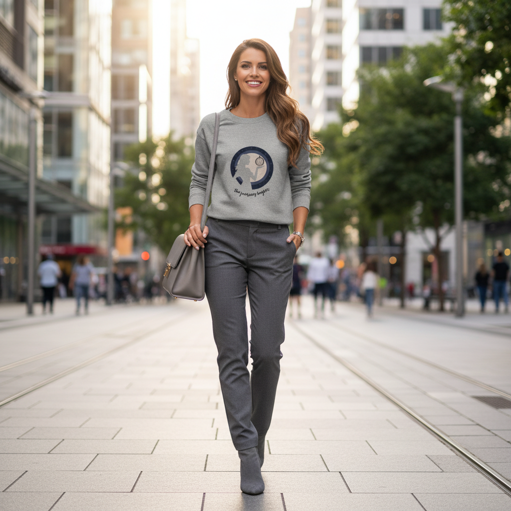 Carbon grey journey begins sweatshirt grey tapered trousers grey boots ALIVE happy woman bright monochromatic