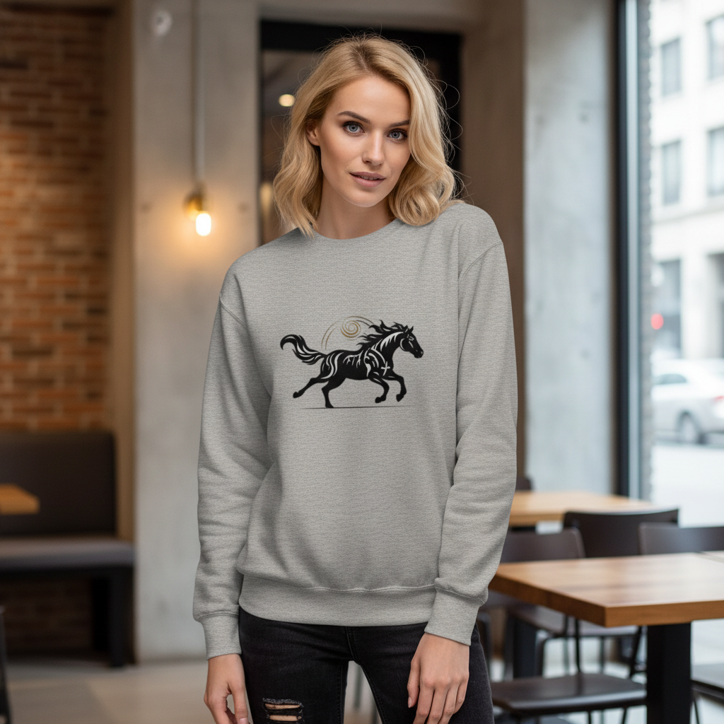 Woman in carbon grey premium sweatshirt with Wild Horse design - Luxury casual wear with black running horse graphic