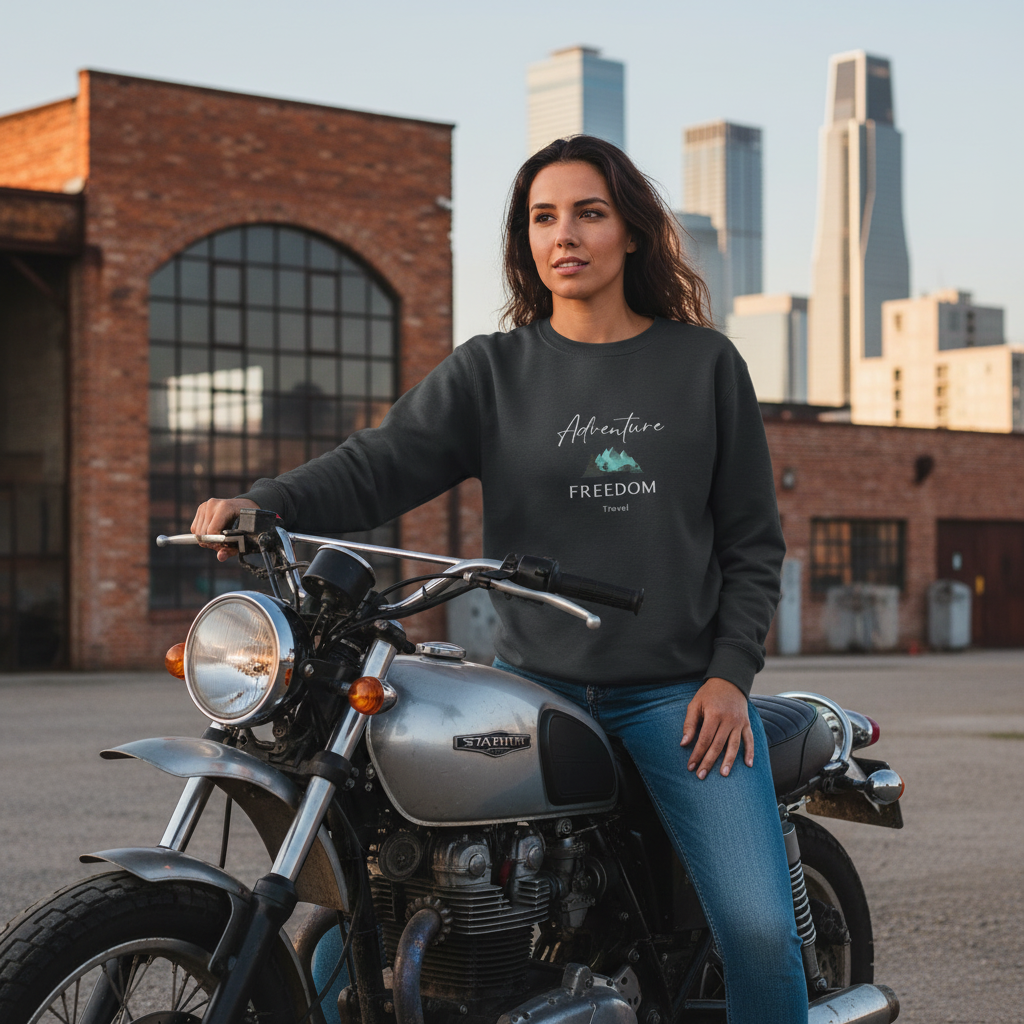 Woman wearing carbon grey Freedom Travel sweatshirt on motorcycle in urban setting - Stylish adventure wear