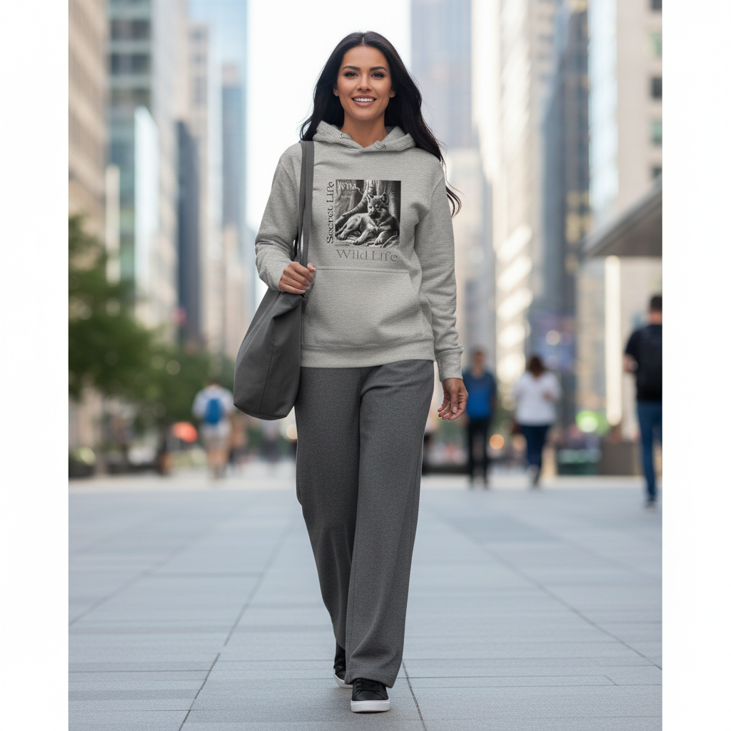 Carbon grey wolf hoodie grey wide-leg trousers grey sneakers bag effortless chic