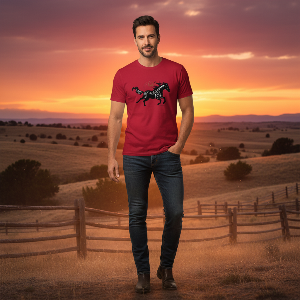 Man wearing cardinal red Wild Horse t-shirt on ranch - Year of the Horse 2026 unisex apparel for adventurers