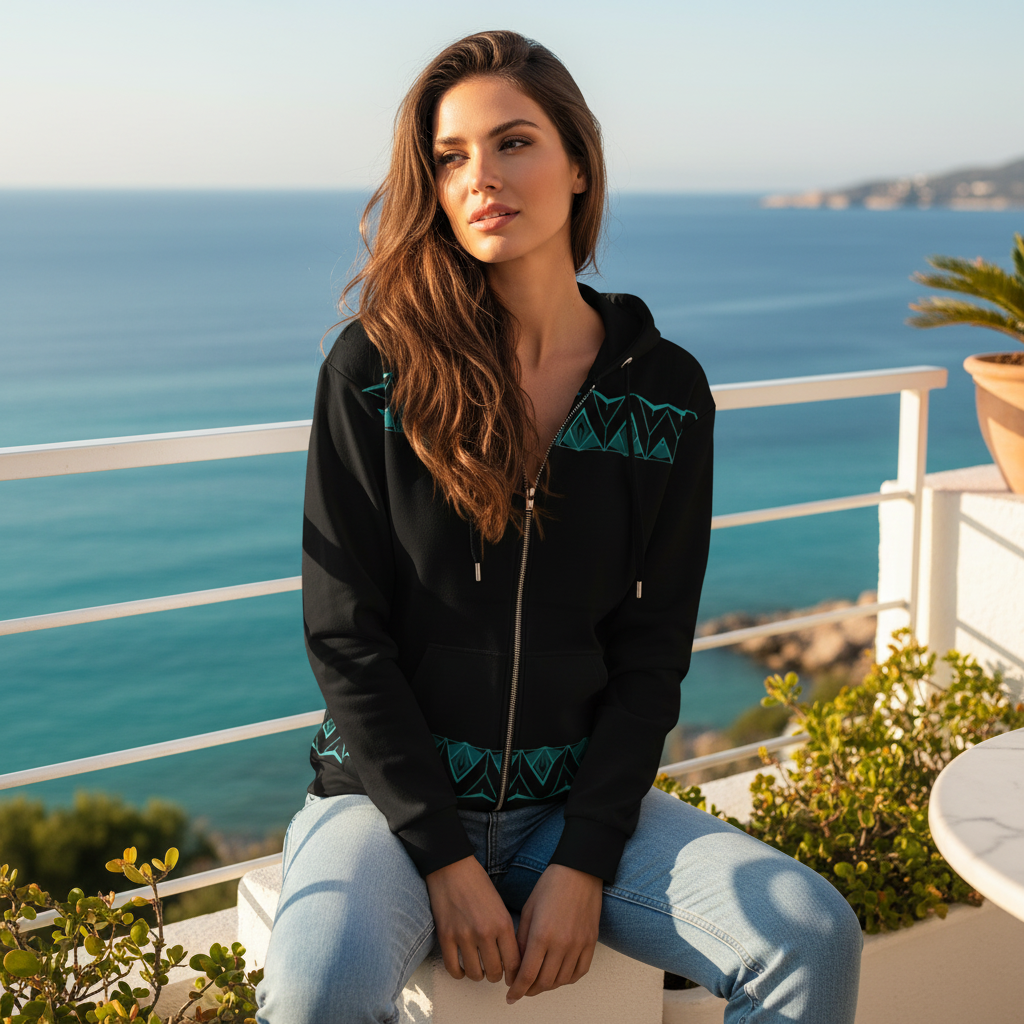 Casual denim outfit on sunny terrace