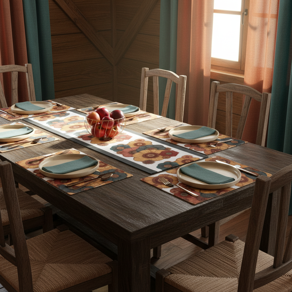 Chalet with golden coral teal flowers and rust curtains