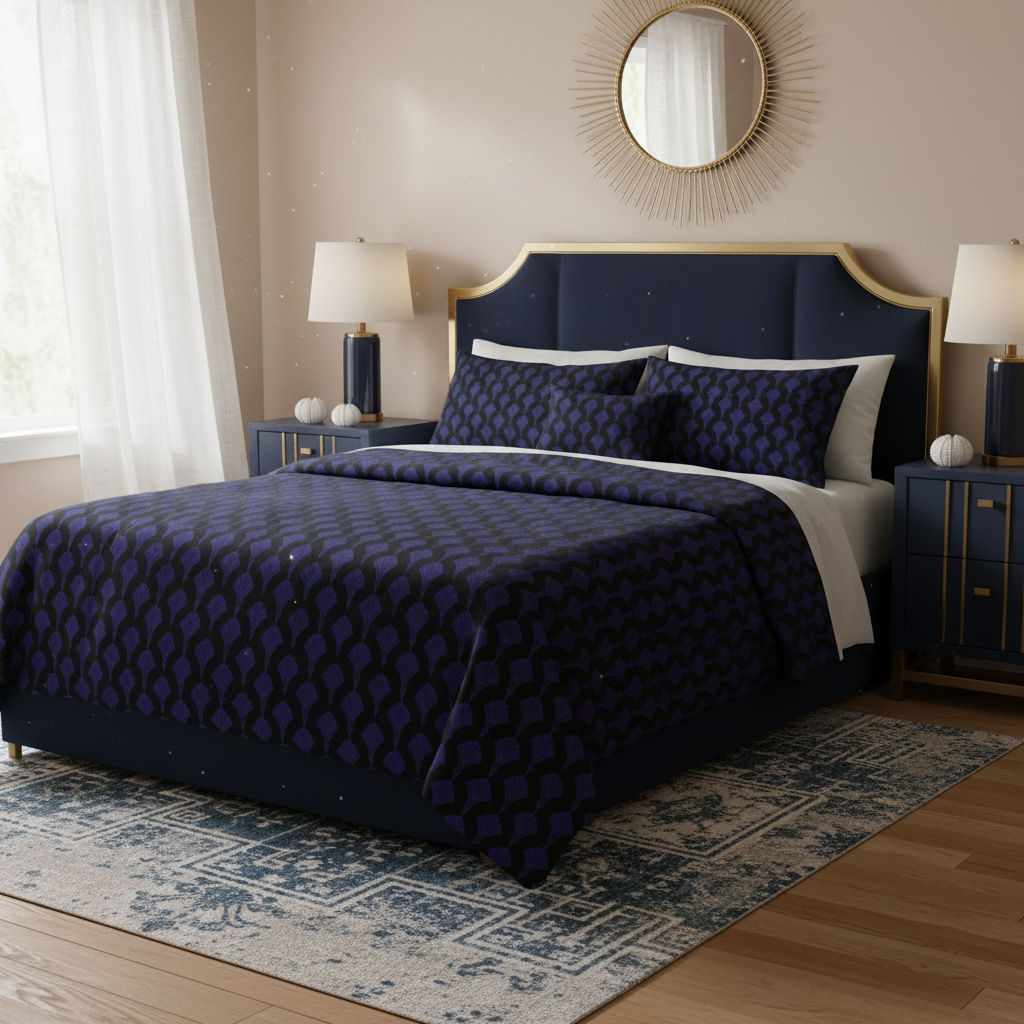 Charming cozy bedroom with Art Deco pillows and comforter in deep blue and black