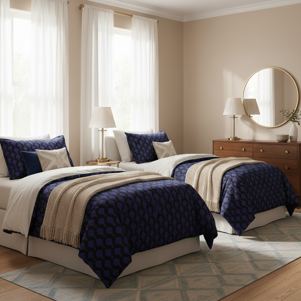 Charming cozy warm twin bedroom with Art Deco bedding, sunny light, beige throws and navy blue