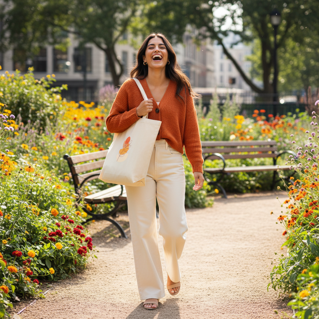 Cheerful dark hair woman orange cardigan cream wide-leg trousers beige sandals oyster autumn tote bag urban garden lively