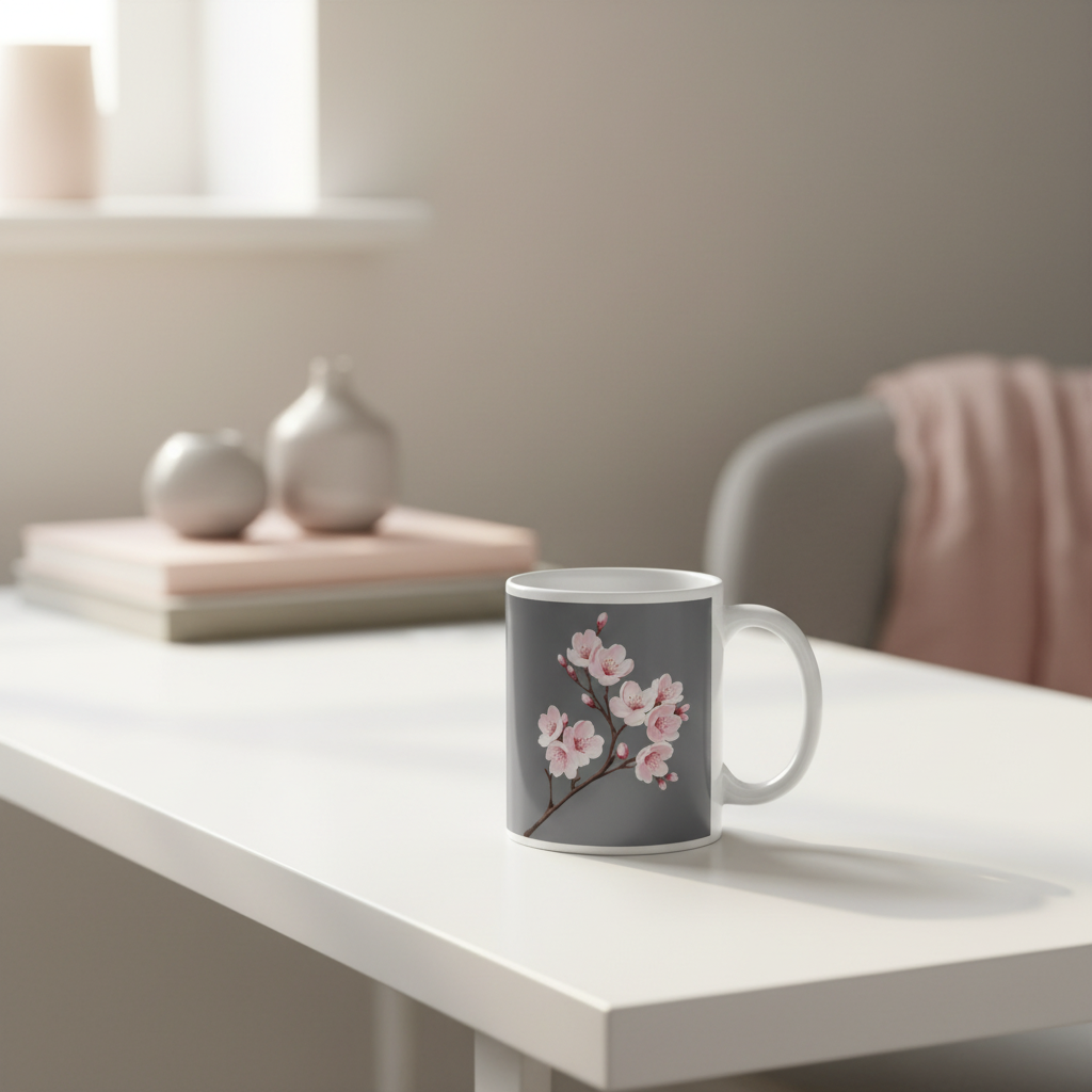 Cherry blossom mug detail on desk
