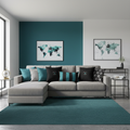 Chic living room with grey sofa, teal accent wall and Adventure Freedom Travel pillows