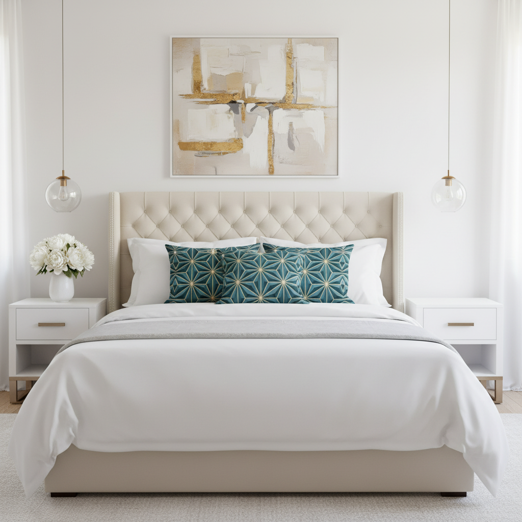 Chic modern bedroom featuring teal and gold geometric pillows with tufted velvet headboard