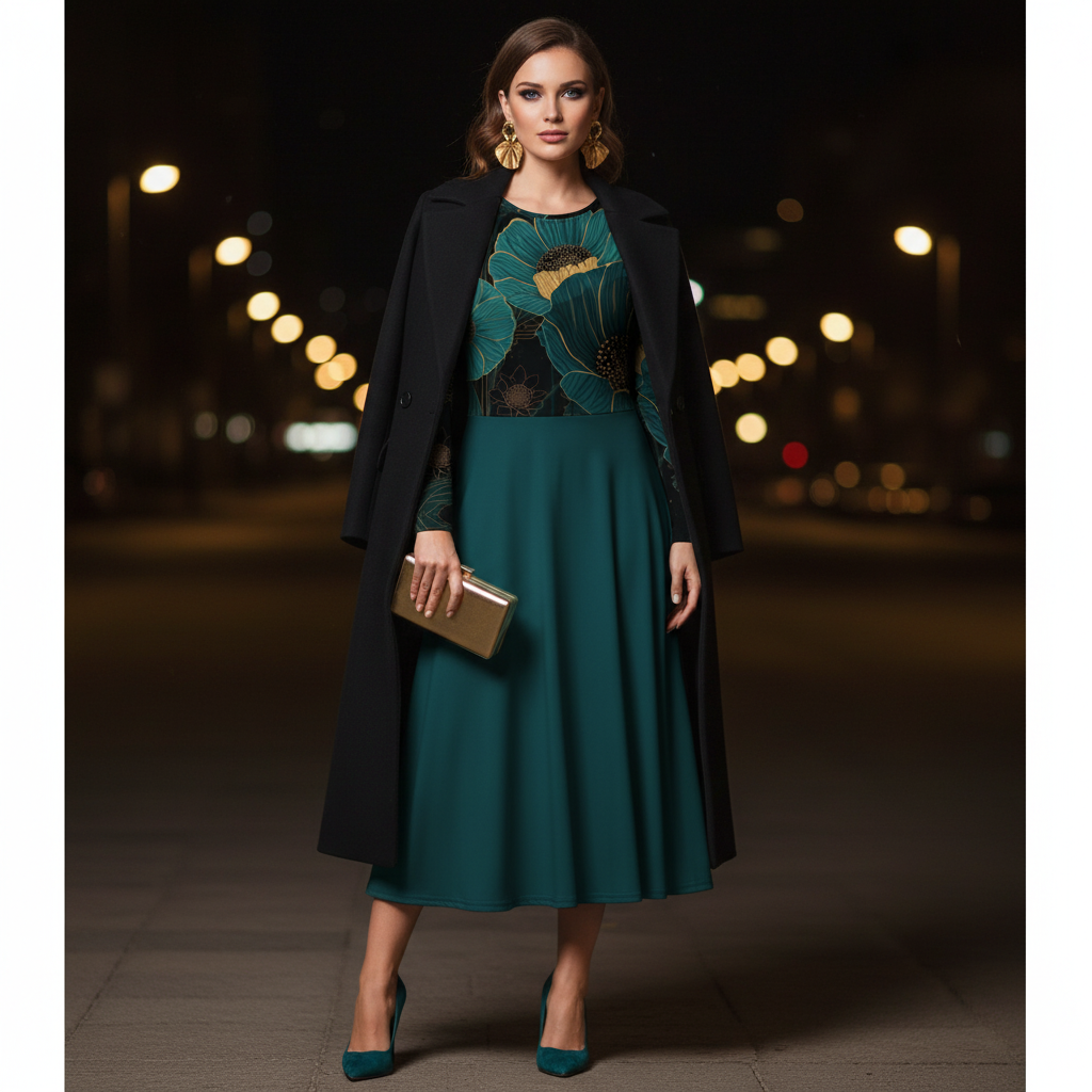 Chic woman in teal dress with black coat for evening