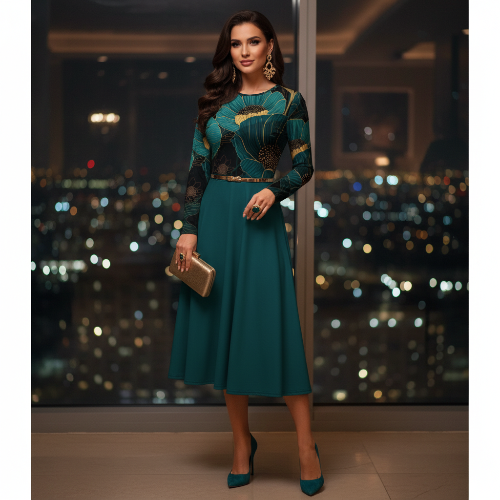 Chic woman in teal dress with heels and clutch