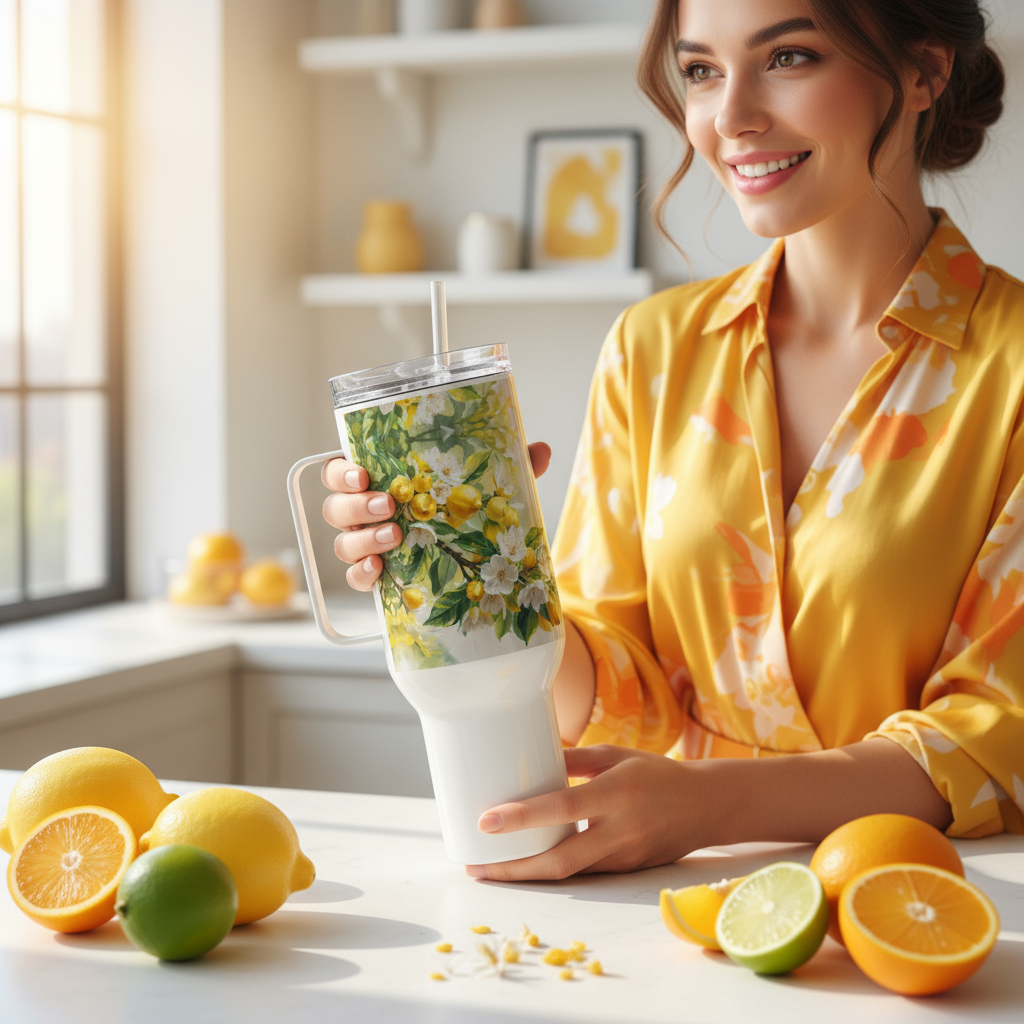 Mug de voyage aux agrumes | Gobelet isotherme botanique citron jaune avec poignée