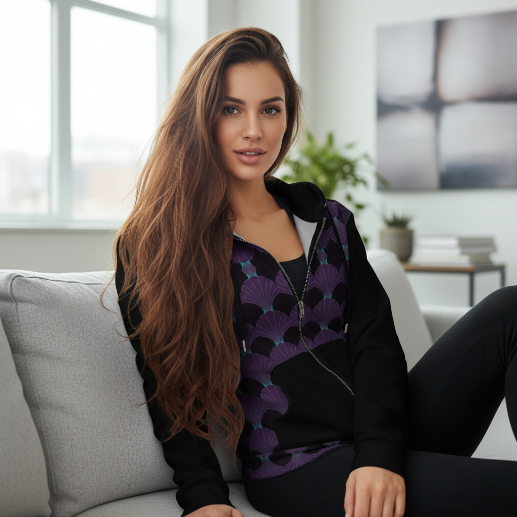 Close portrait gorgeous woman with long hair in purple teal art deco hoodie with black leggings in apartment