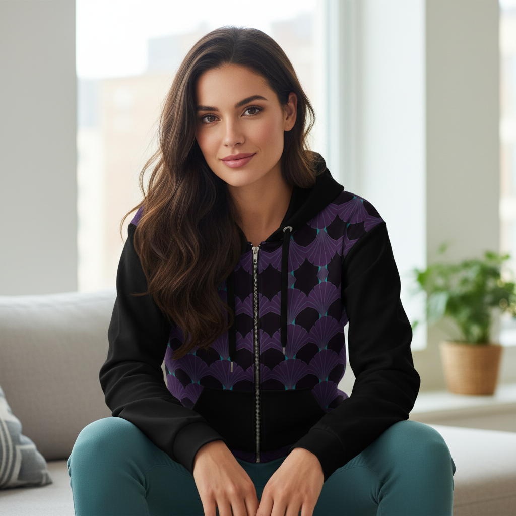 Close-up beautiful woman with long hair in purple teal art deco hoodie with teal pants in living room