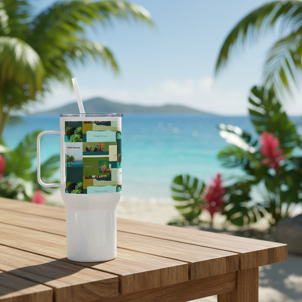 Close-up of hands holding white insulated travel mug with jungle pattern - tropical design