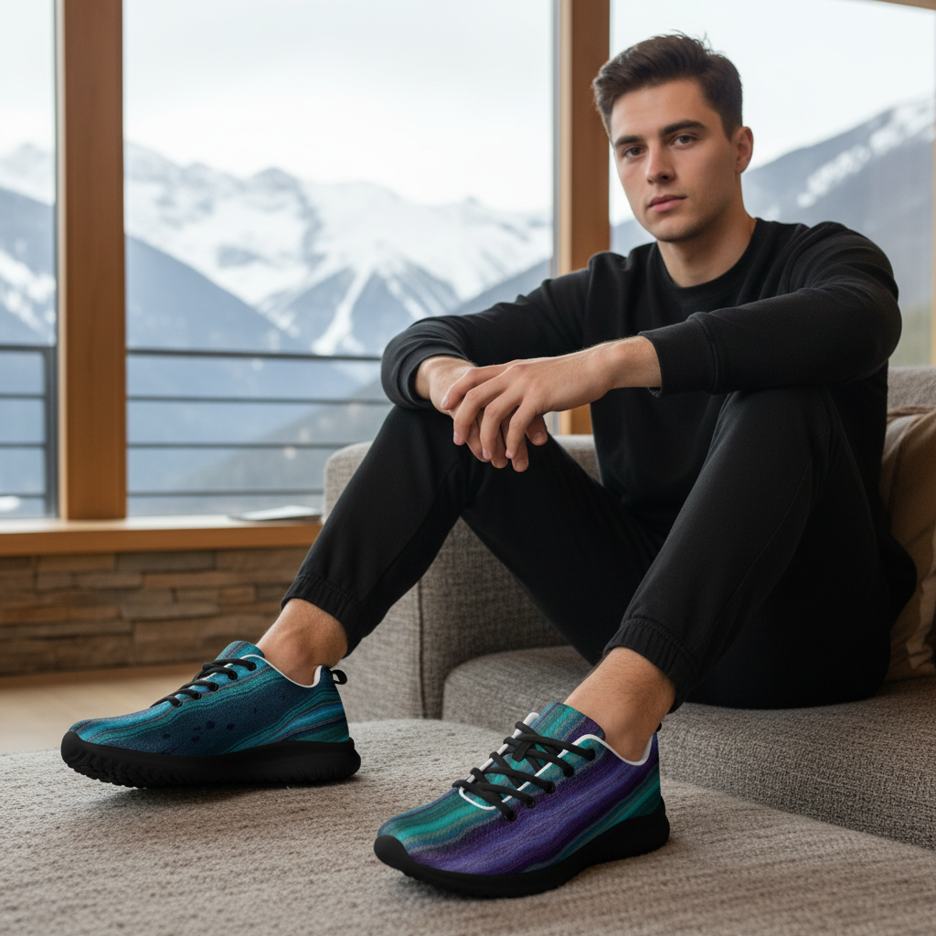 Close-up man crystal shoes mountain lodge