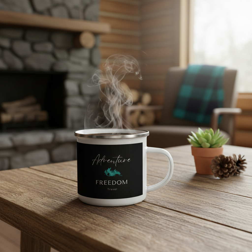 Close-up of Adventure Freedom Travel enamel mug on rustic wooden table in cabin
