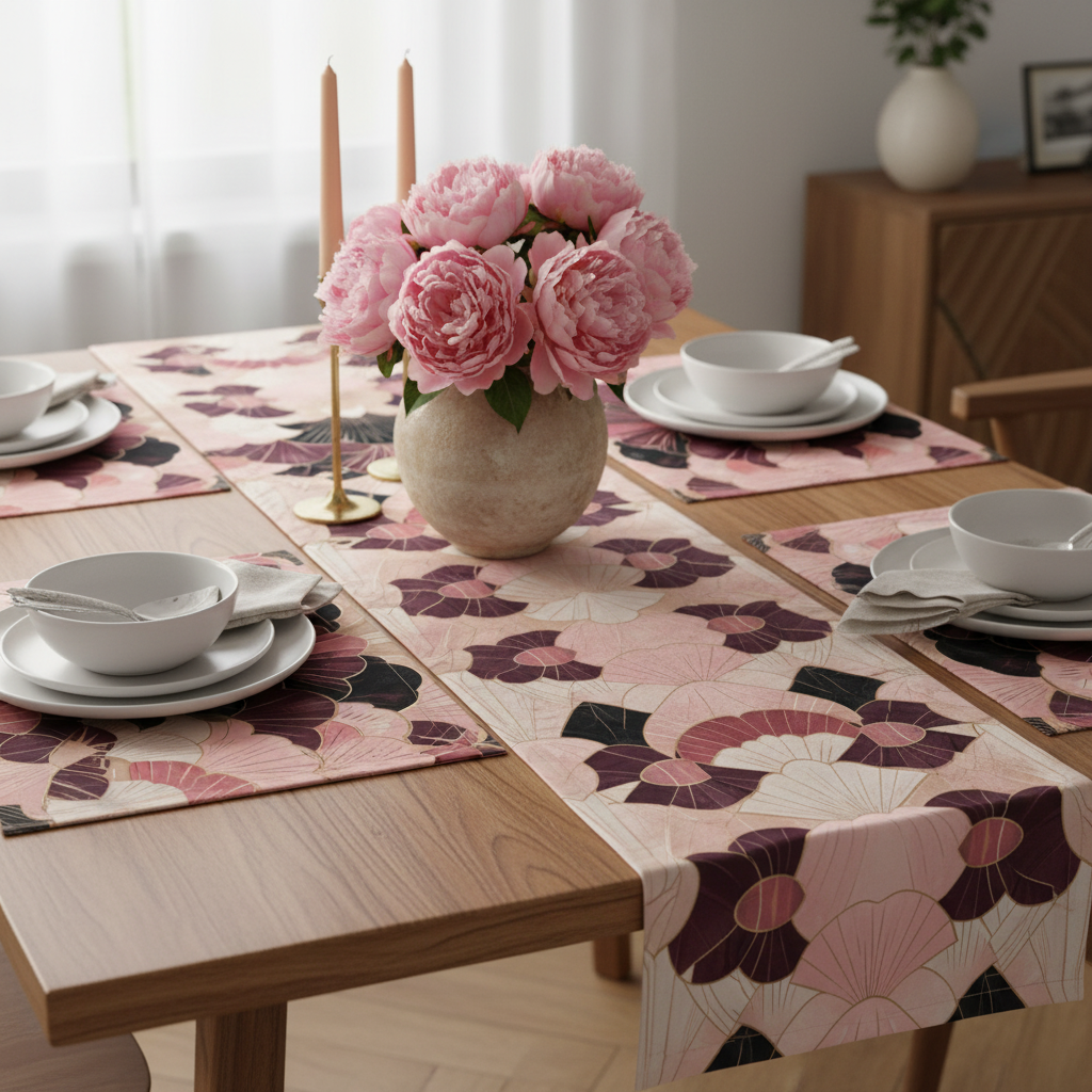 Close-up of elegant table with geometric runner and peonies