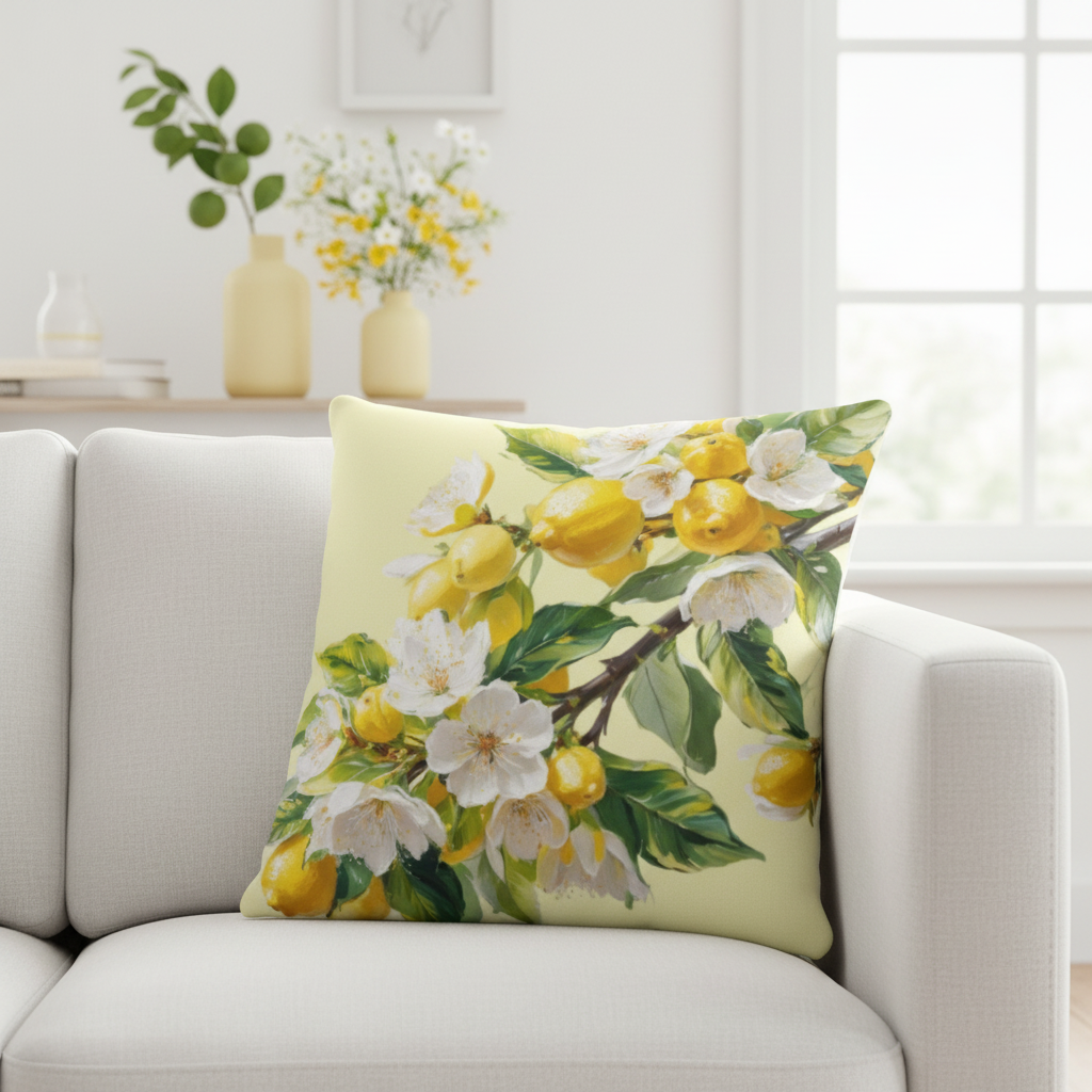 Close-up of lemon blossom pillow on white sofa with yellow vases and citrus decor
