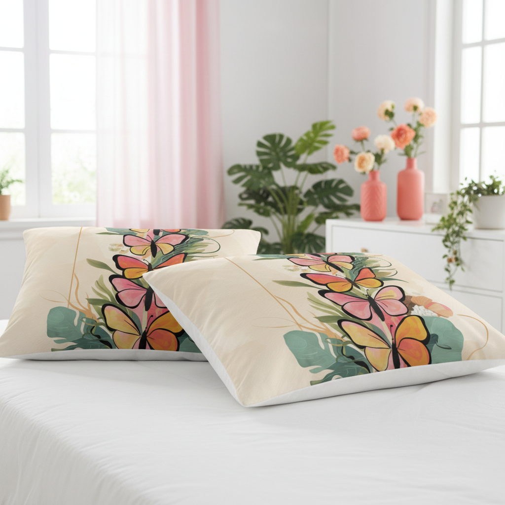 Close-up of two square butterfly pillows on white bed with pink and coral spring decor