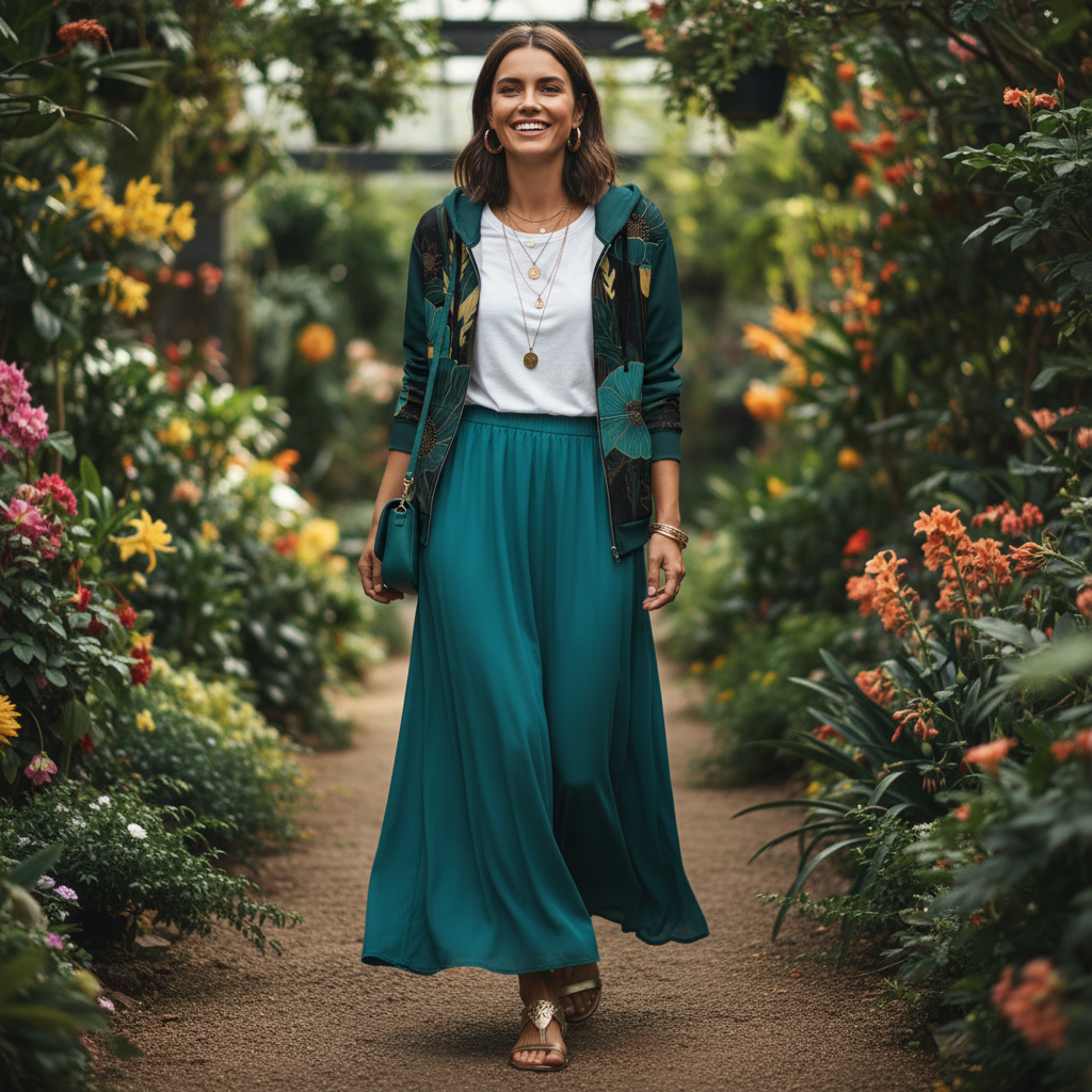 Close-up woman in teal hoodie with long teal maxi skirt
