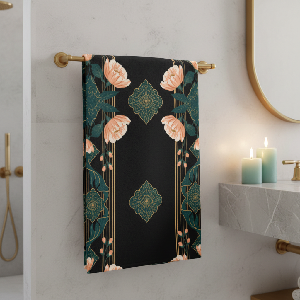Closer view of black peach teal botanical beach towel on brass bar showing towel dimensions
